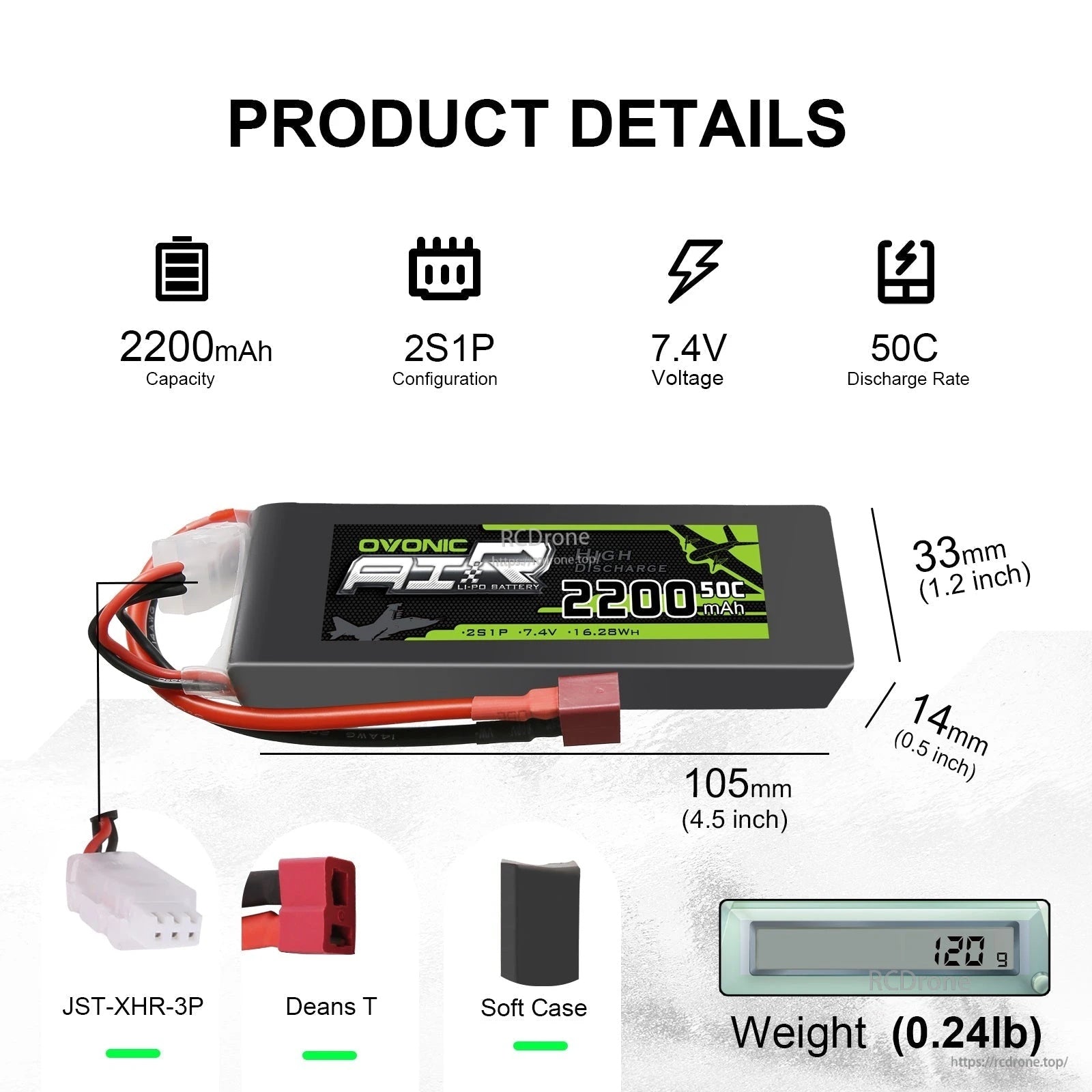 OVONIC 2S LiPo Battery specs graphic: 2200mAh 2S1P 7.4V 50C, Deans T and JST-XHR-3P plugs