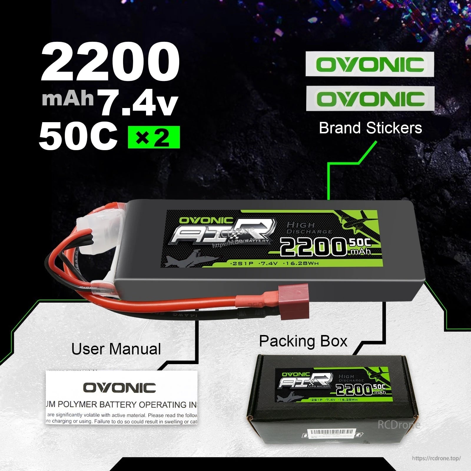 What’s included: two 2200mAh 7.4V 50C packs, user manual, packing box, and OVONIC brand stickers