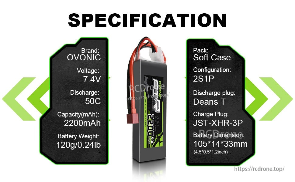 Specification chart listing 7.4V 2S1P 2200mAh 50C, soft case, Deans T discharge plug, JST-XHR-3P charge plug
