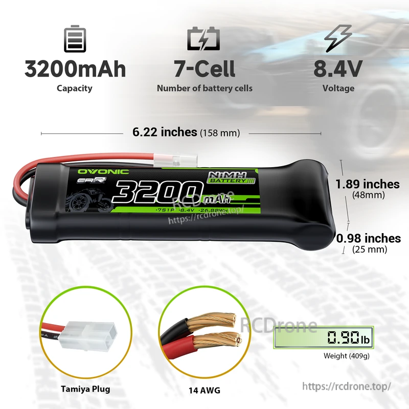 OVONIC 8.4V 3200mAh 7-cell NiMH RC battery pack with Tamiya plug, 14AWG lead and 158×48×25mm size