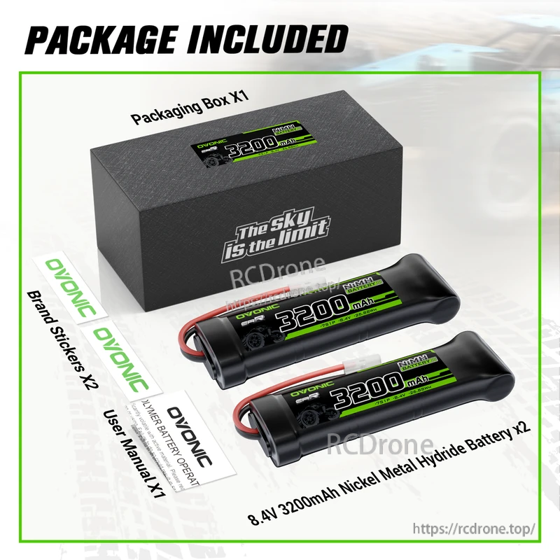 Package contents with two 8.4V 3200mAh NiMH battery packs, packaging box, user manual and OVONIC stickers