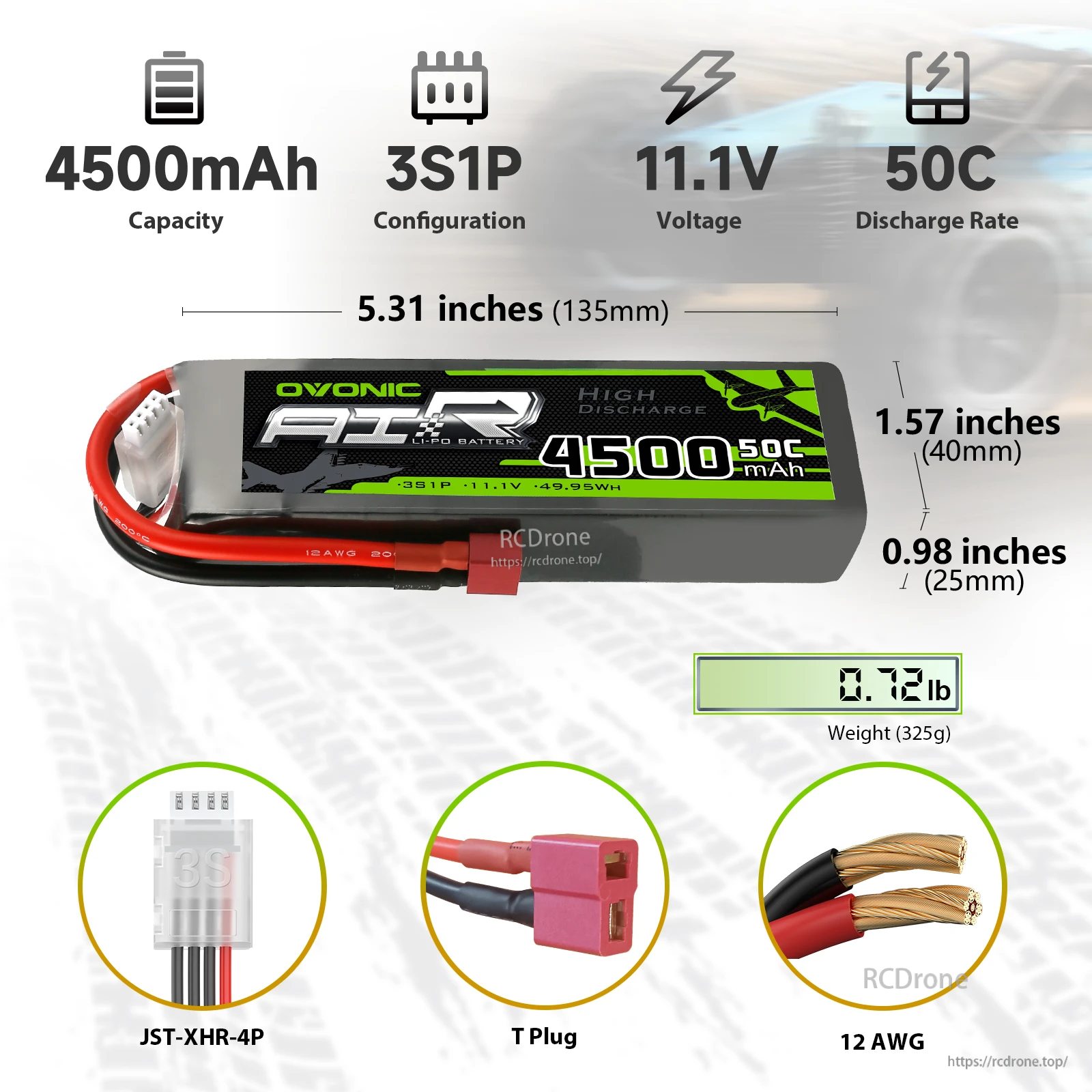 2-Pack OVONIC 3S 11.1V 4500mAh 50C LiPo battery with Deans (T Plug), JST-XHR-4P balance lead and 12AWG wire