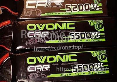 2× Ovonic 3S 11.1V 5500mAh 50C LiPo batteries, close-up of labels and leads