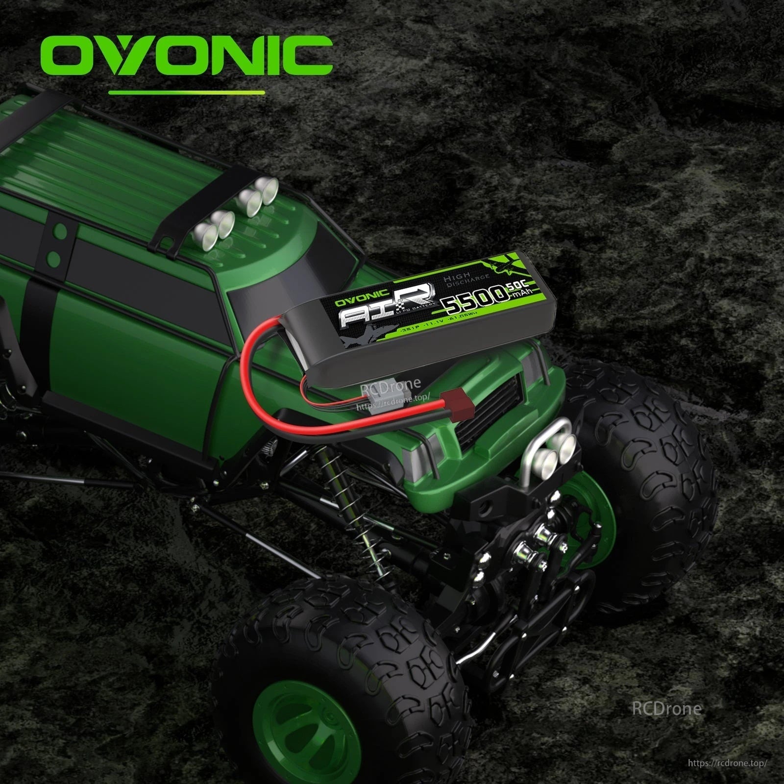 Ovonic 3S 5500mAh LiPo pack installed on an RC monster truck chassis with Deans-T lead visible