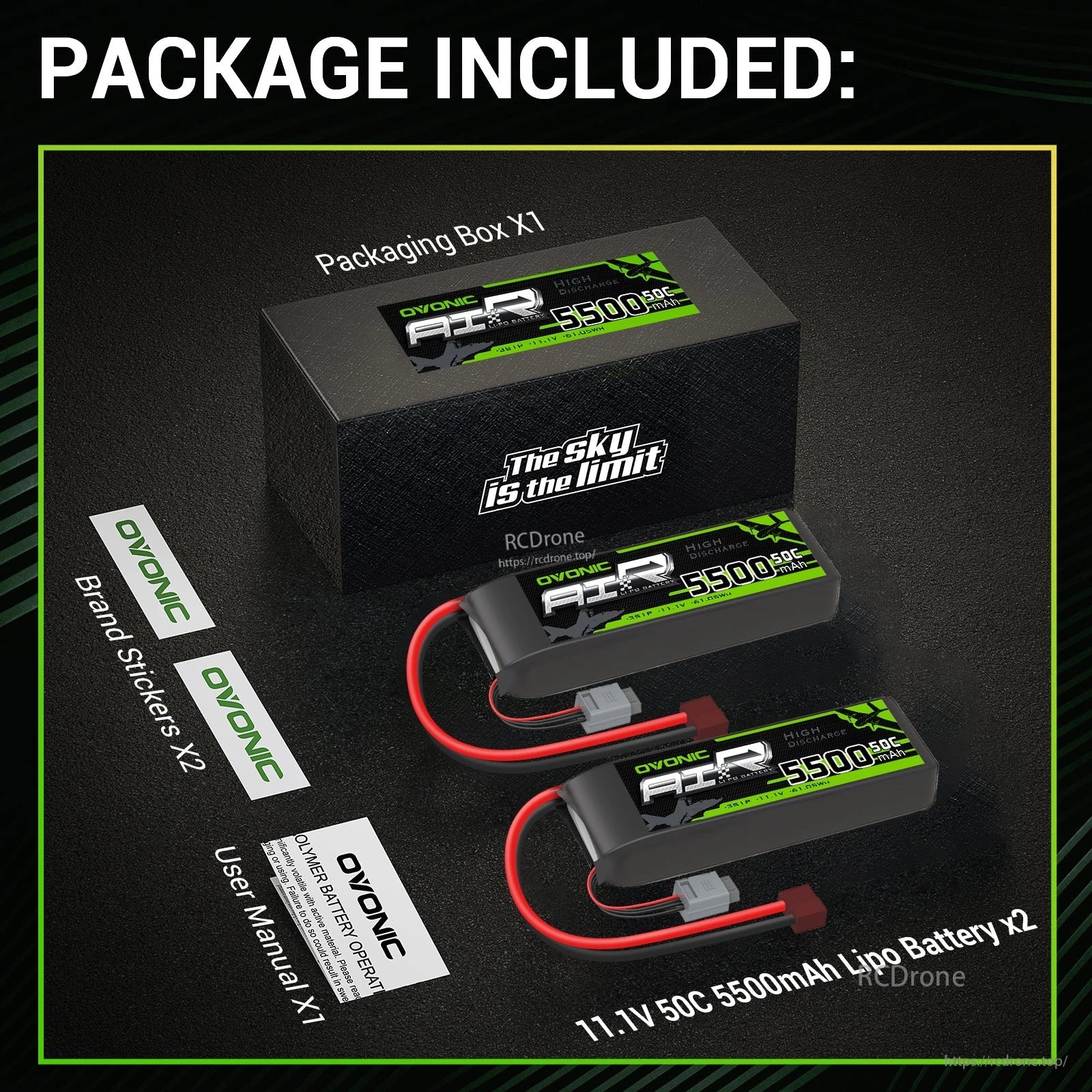 Package contents: two Ovonic 3S 5500mAh LiPo batteries, box, user manual, and brand stickers