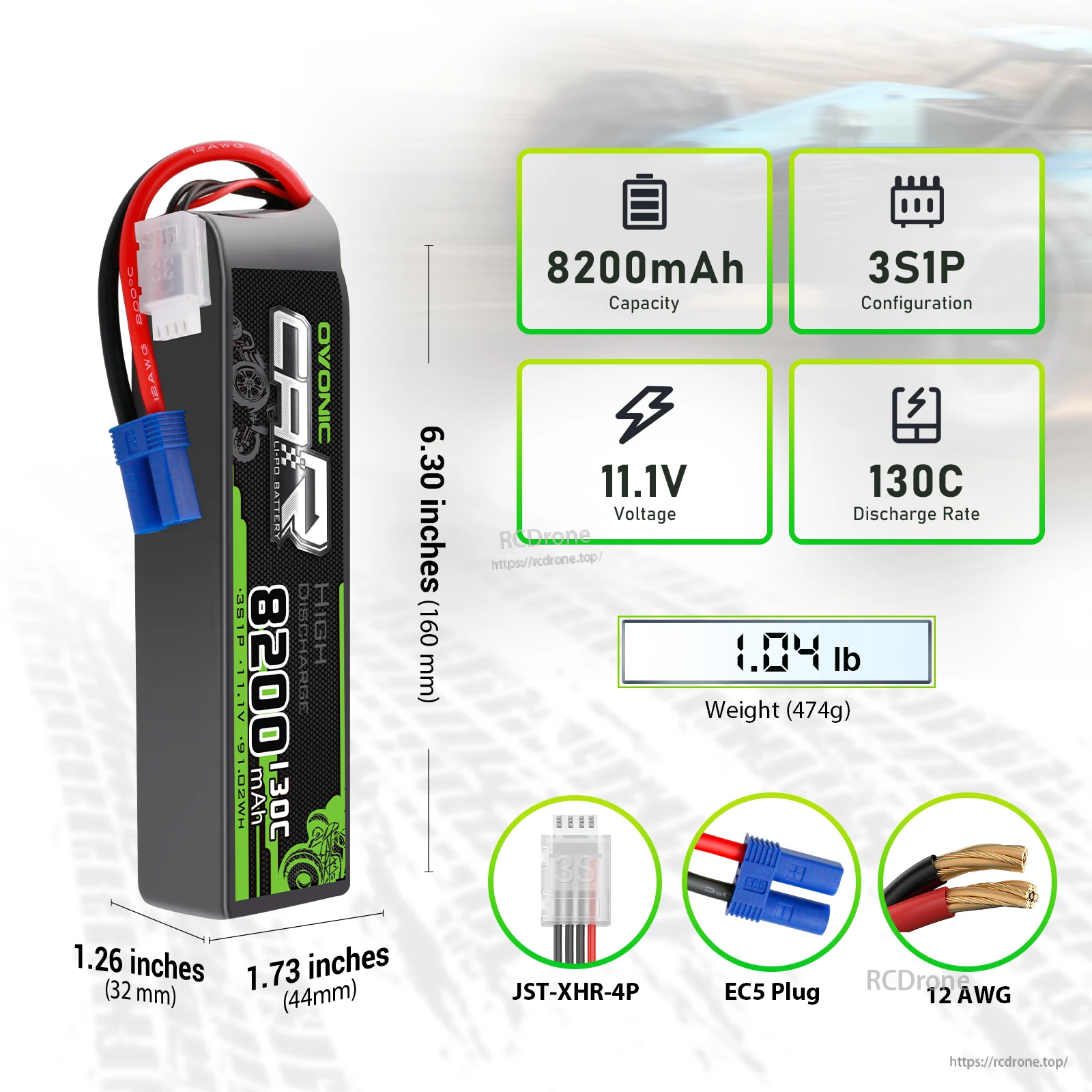 Ovonic 3S 8200mAh 11.1V 130C softcase RC LiPo battery with EC5 plug, size/weight and lead details
