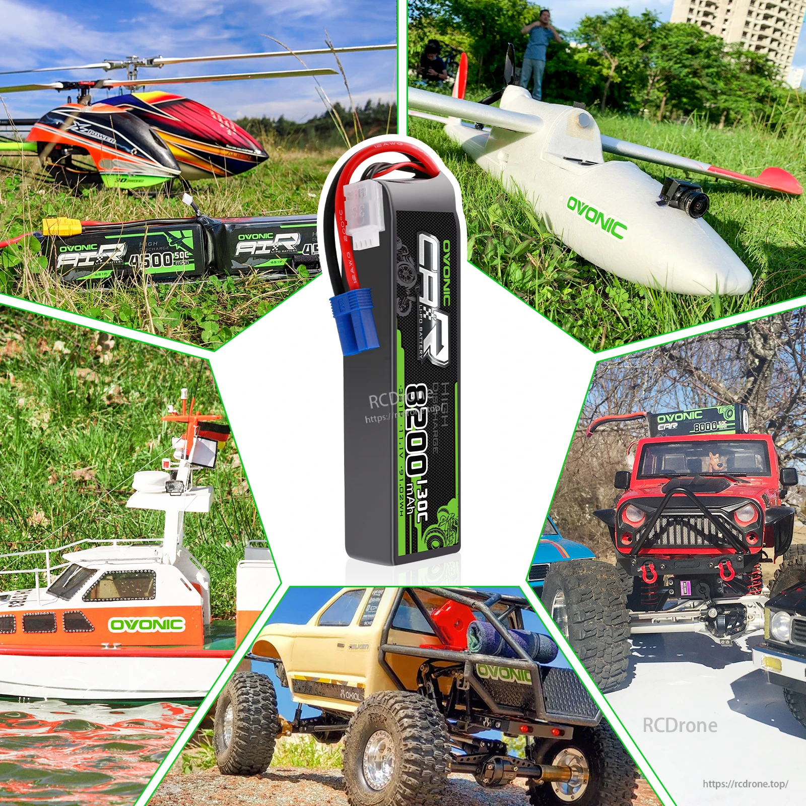 Ovonic LiPo battery use cases collage with RC car/truck, boat and aircraft models, centered on the softcase pack