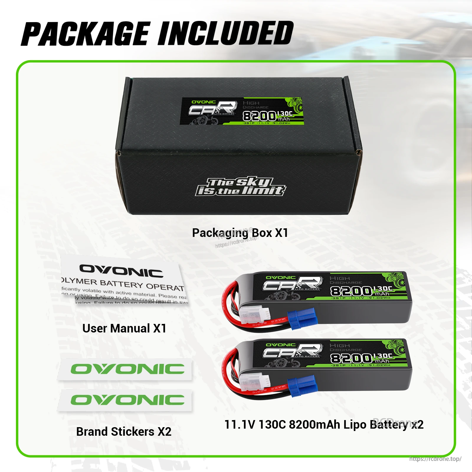 Package contents: two Ovonic 3S 8200mAh 130C LiPo batteries, packaging box, user manual and brand stickers