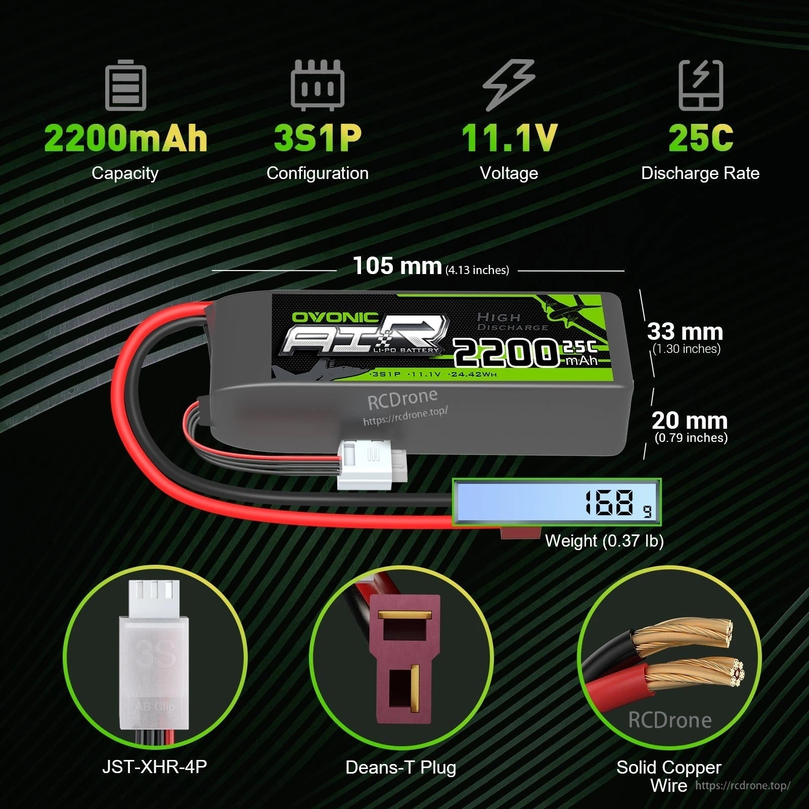 OVONIC 3S 2200mAh 11.1V 25C LiPo dimensions, weight, and Deans T plus JST-XHR-4P connectors