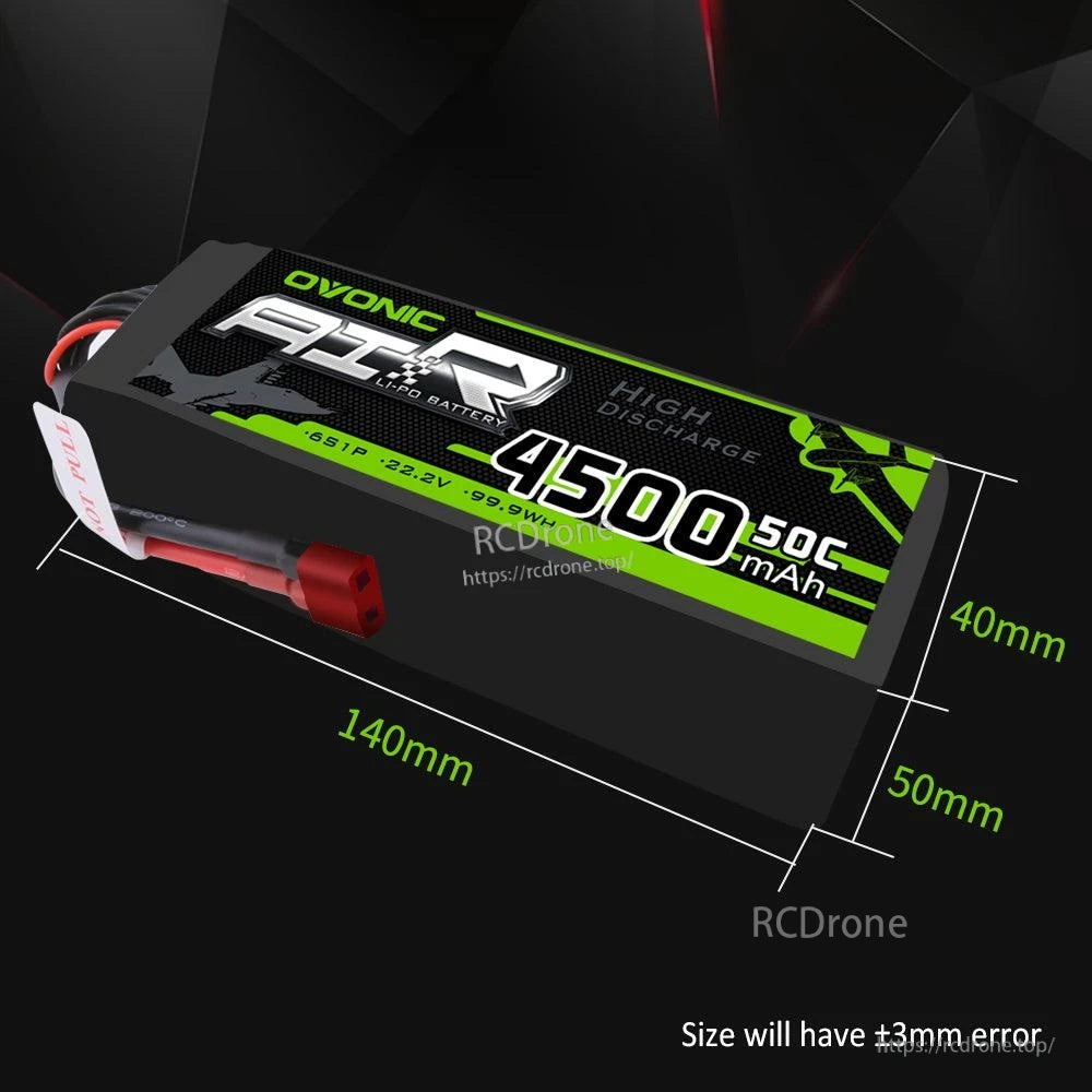 Ovonic AIR 6S LiPo battery size guide showing 140mm x 40mm x 50mm with ±3mm tolerance note