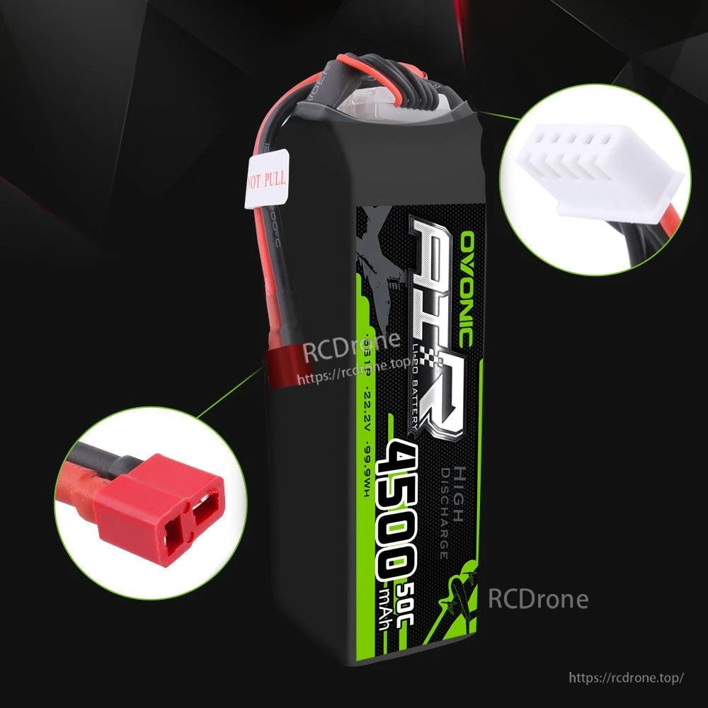 Close-up of Ovonic AIR 6S LiPo connectors: Deans T-plug discharge and white JST balance connector