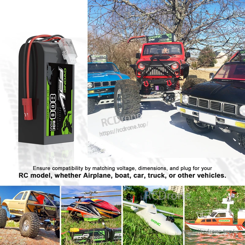 OVONIC 800mAh 2S LiPo battery pictured with RC applications like cars, boats, and aircraft; check voltage, size, and plug fit