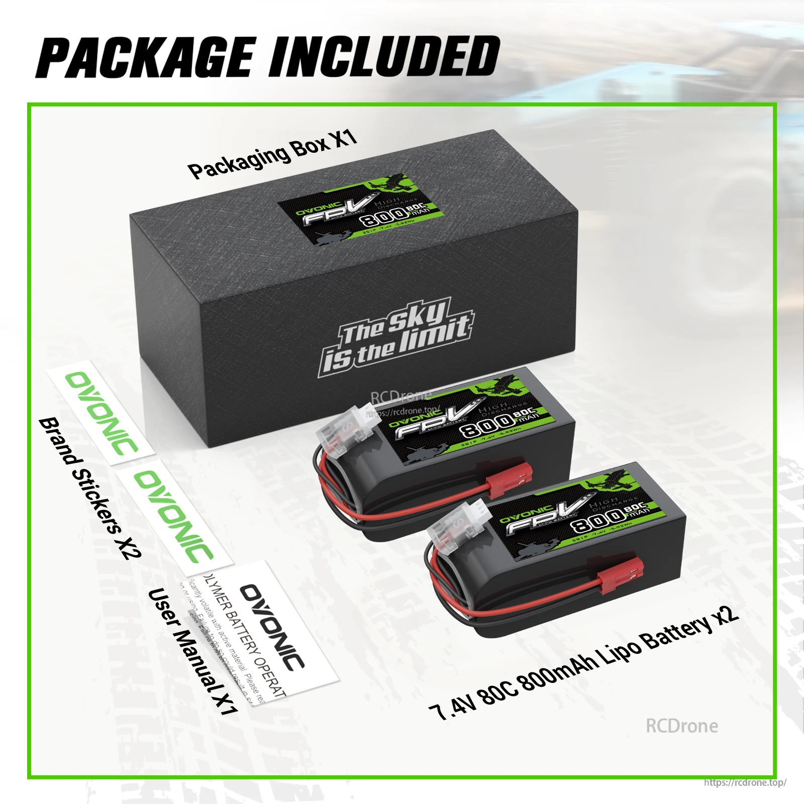 Package contents: two OVONIC 7.4V 800mAh 80C 2S LiPo batteries, user manual, brand stickers, and retail box