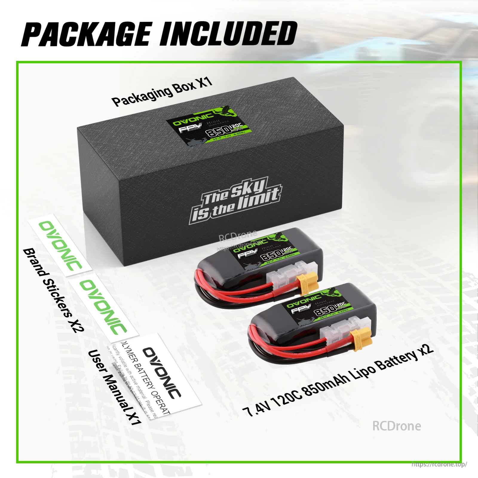 Package contents: two OVONIC 7.4V 850mAh 120C 2S LiPo batteries, box, stickers, and user manual