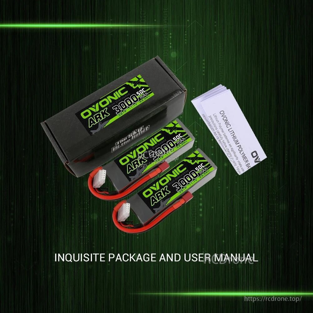 Retail box, two Ovonic ARK 3S 3000mAh LiPo batteries, and included user manual