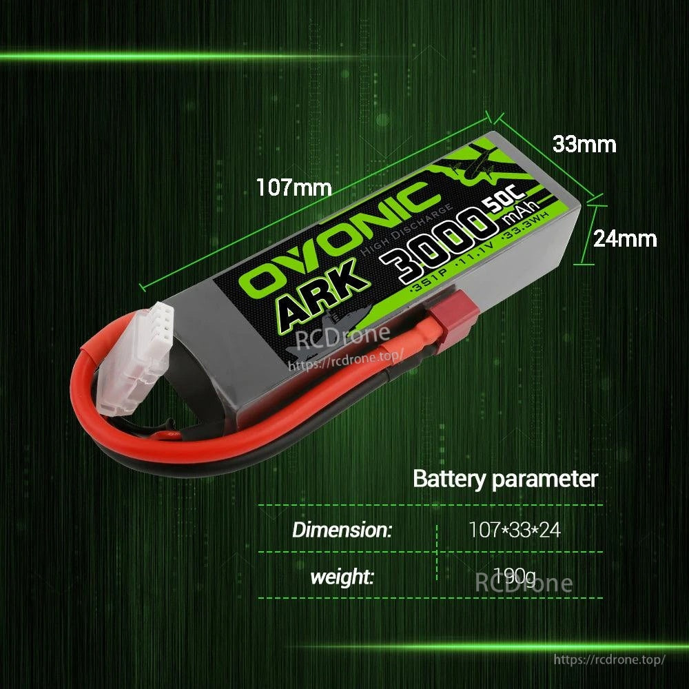 Ovonic ARK 3S LiPo battery dimensions labeled 107×33×24mm and weight 190g per pack