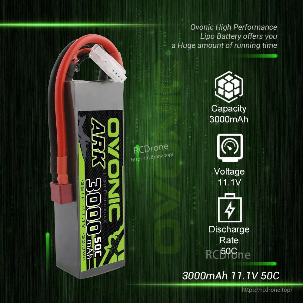 Side profile of Ovonic ARK 3S LiPo battery highlighting 3000mAh capacity, 11.1V voltage and 50C discharge rating