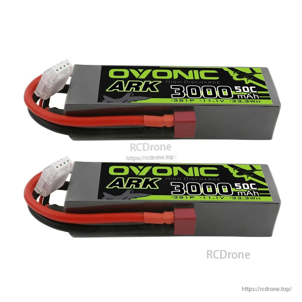 Pair of Ovonic ARK 3000mAh 3S 11.1V 50C LiPo packs side-by-side showing identical labeling and lead layout