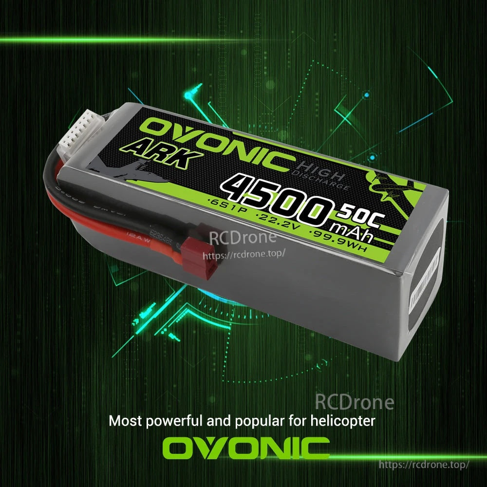 Angled view of Ovonic ARK 4500mAh 6S LiPo with protective case and wired leads
