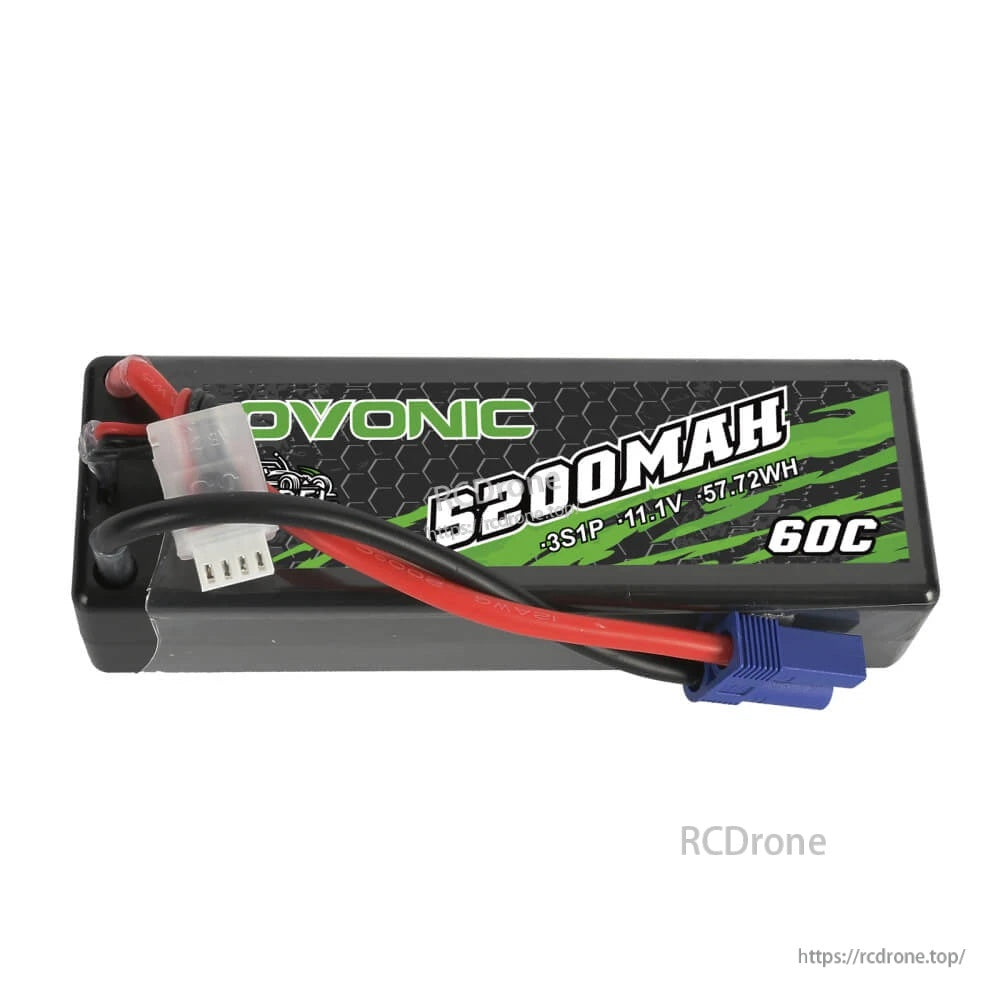 Ovonic Rebel hardcase 3S LiPo battery showing lead routing, balance plug, and blue EC5 connector