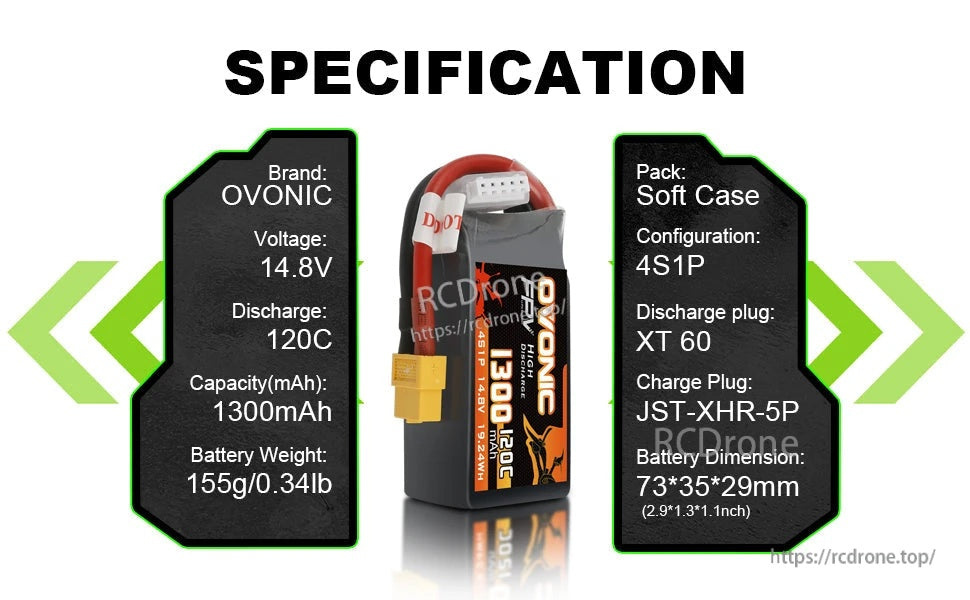 Specification panel for Ovonic soft-case 4S1P 14.8V 1300mAh 120C LiPo with XT60 and JST-XHR-5P plug info