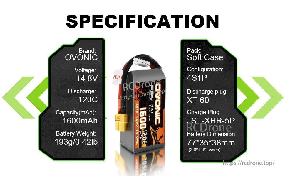 Specifications graphic for 2× Ovonic 1600mAh 4S 14.8V 120C LiPo Battery: XT60, JST-XH, 77×35×38mm, 193g