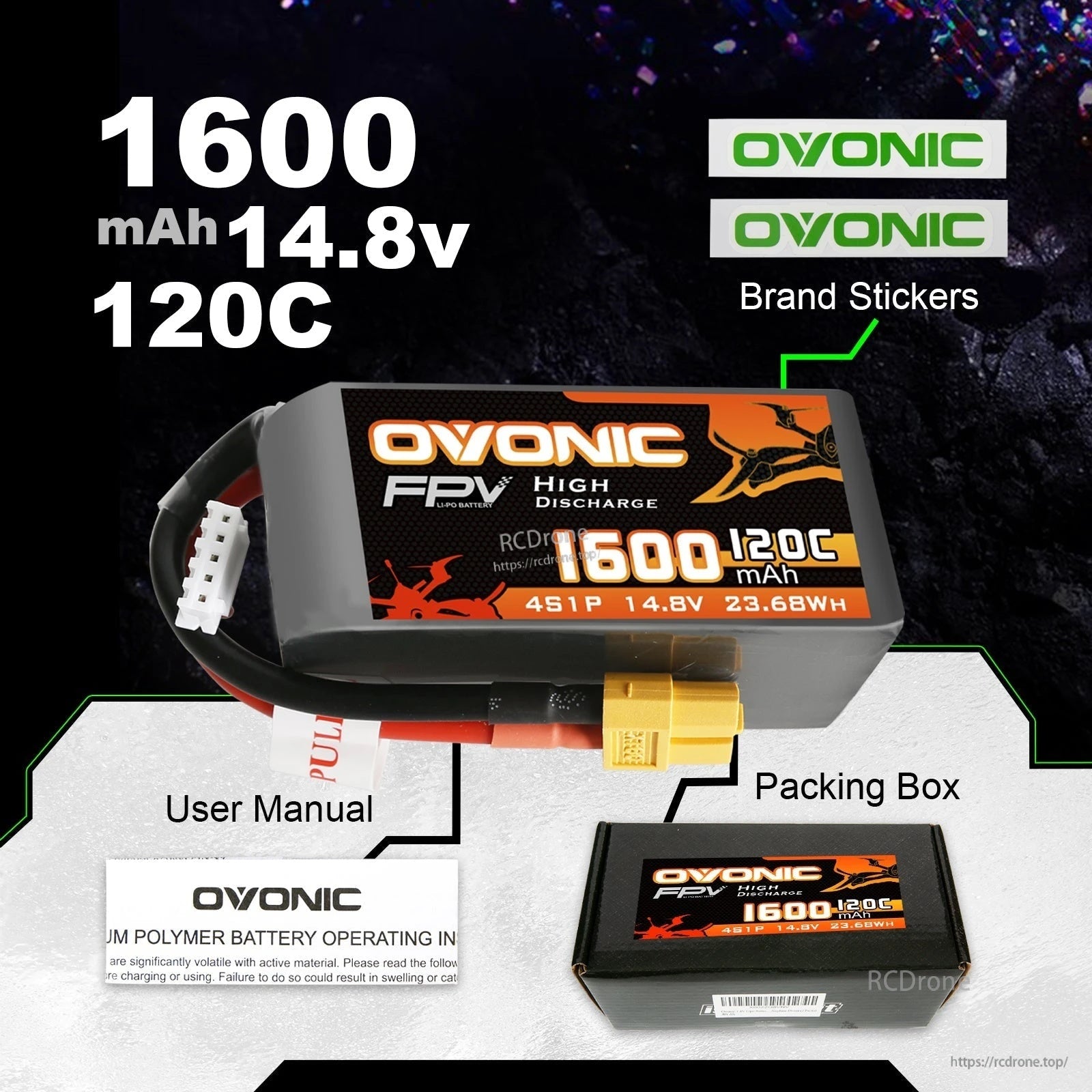 2× Ovonic 1600mAh 4S 14.8V 120C LiPo Battery package contents: battery, user manual, packing box and stickers