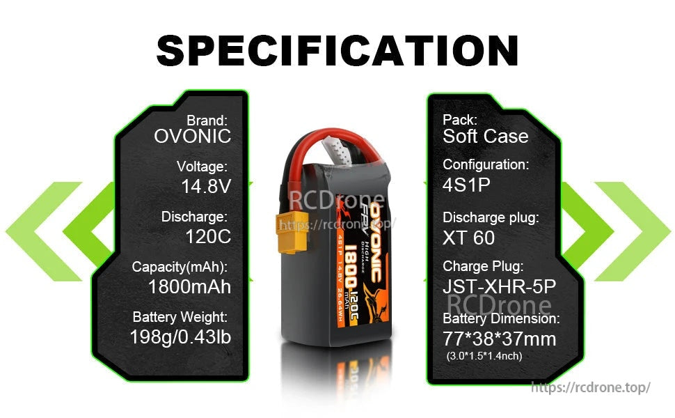 Specification graphic for Ovonic 4S1P 14.8V 1800mAh LiPo battery, 120C, XT60 and JST-XHR-5P