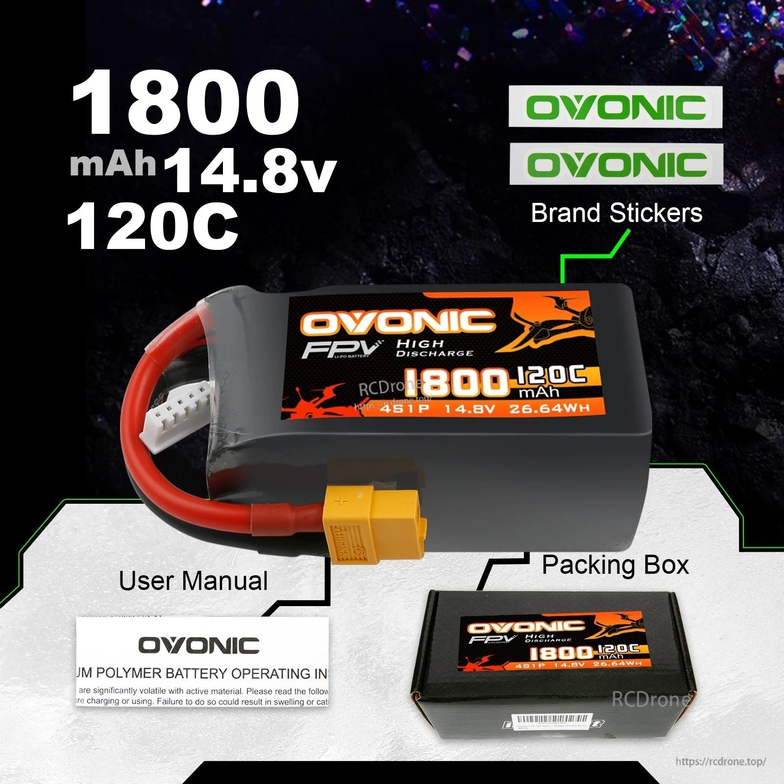 Ovonic 1800mAh 14.8V 120C battery with label plus included user manual, brand stickers, and packing box