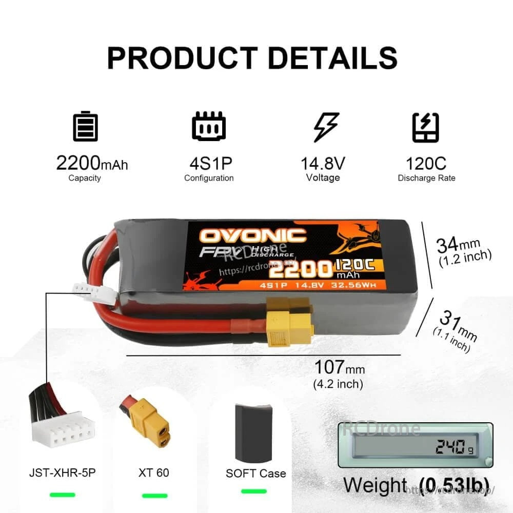 Battery size and connector overview: 107×34×31mm, XT60 discharge plug and JST-XH 5-pin balance lead, 240g weight