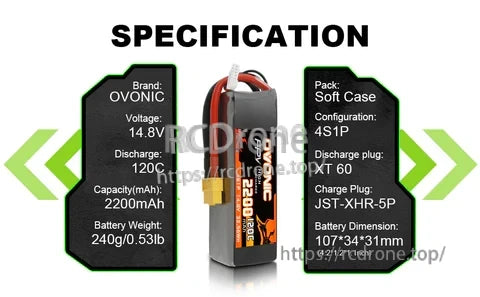 Ovonic 120C 4S 2200mAh 14.8V LiPo battery specs infographic with XT60 plug and soft case (2-pack)