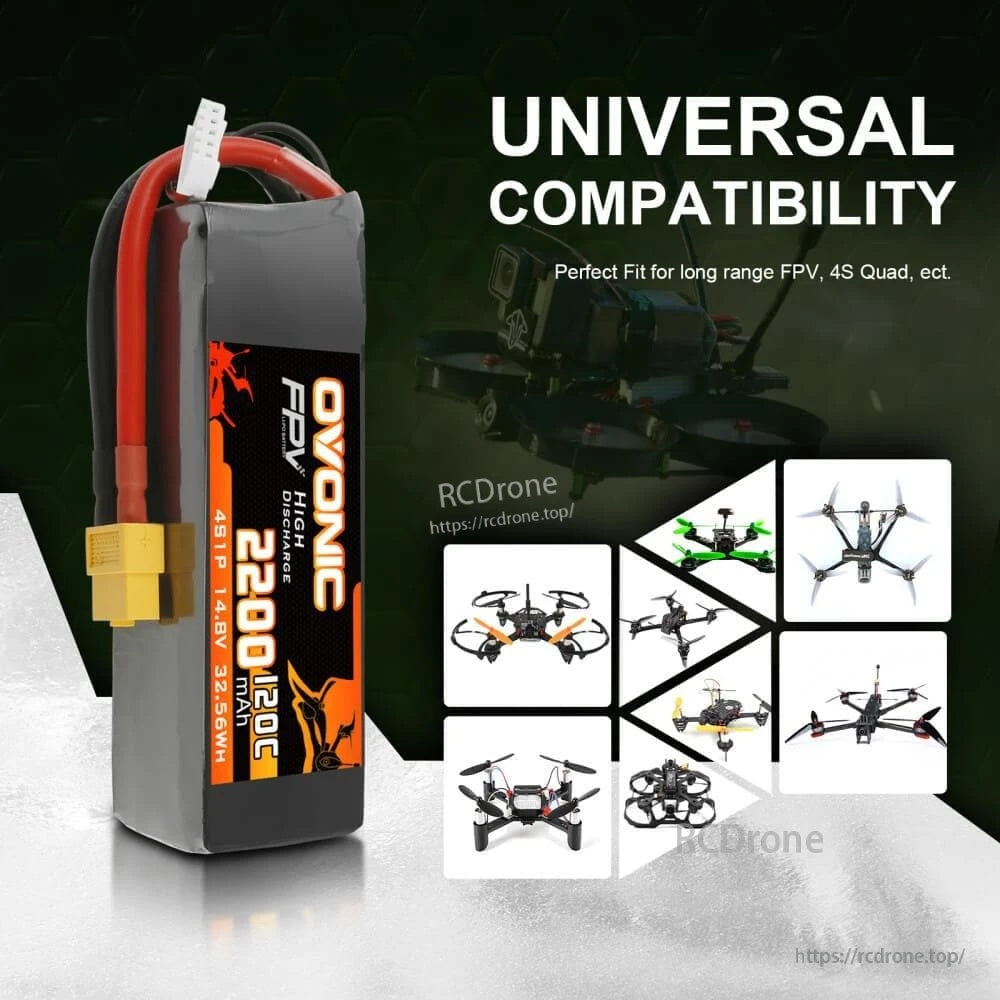Universal compatibility graphic for 4S FPV quads and long-range FPV drones using XT60 LiPo batteries