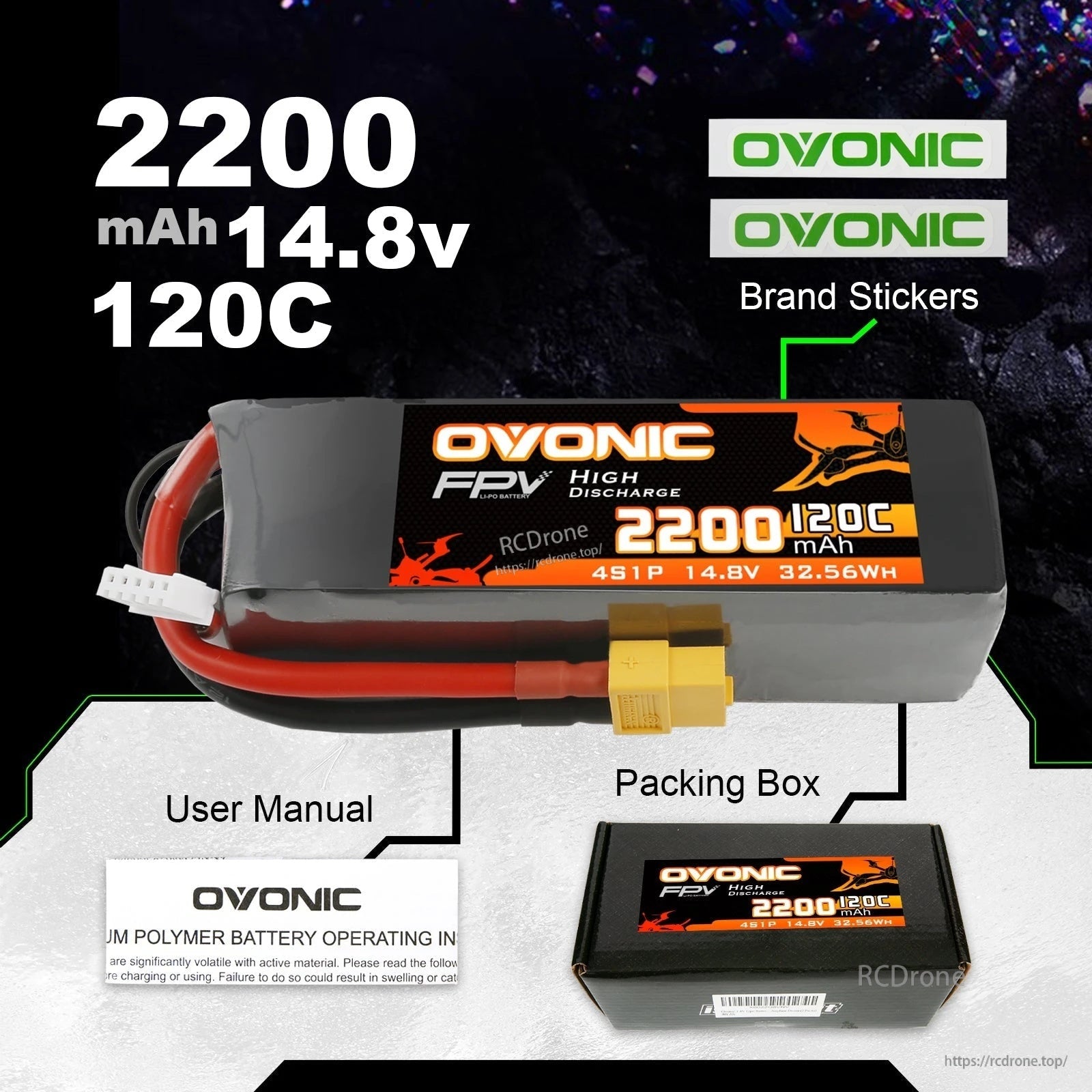 What’s included image: 2200mAh 14.8V 120C Ovonic LiPo battery with brand stickers, packing box and user manual