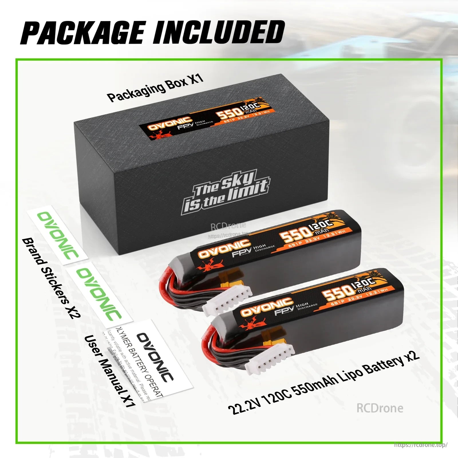 2× Ovonic 550mAh 6S 22.2V 120C LiPo Battery kit contents: two packs, box, brand stickers and user manual