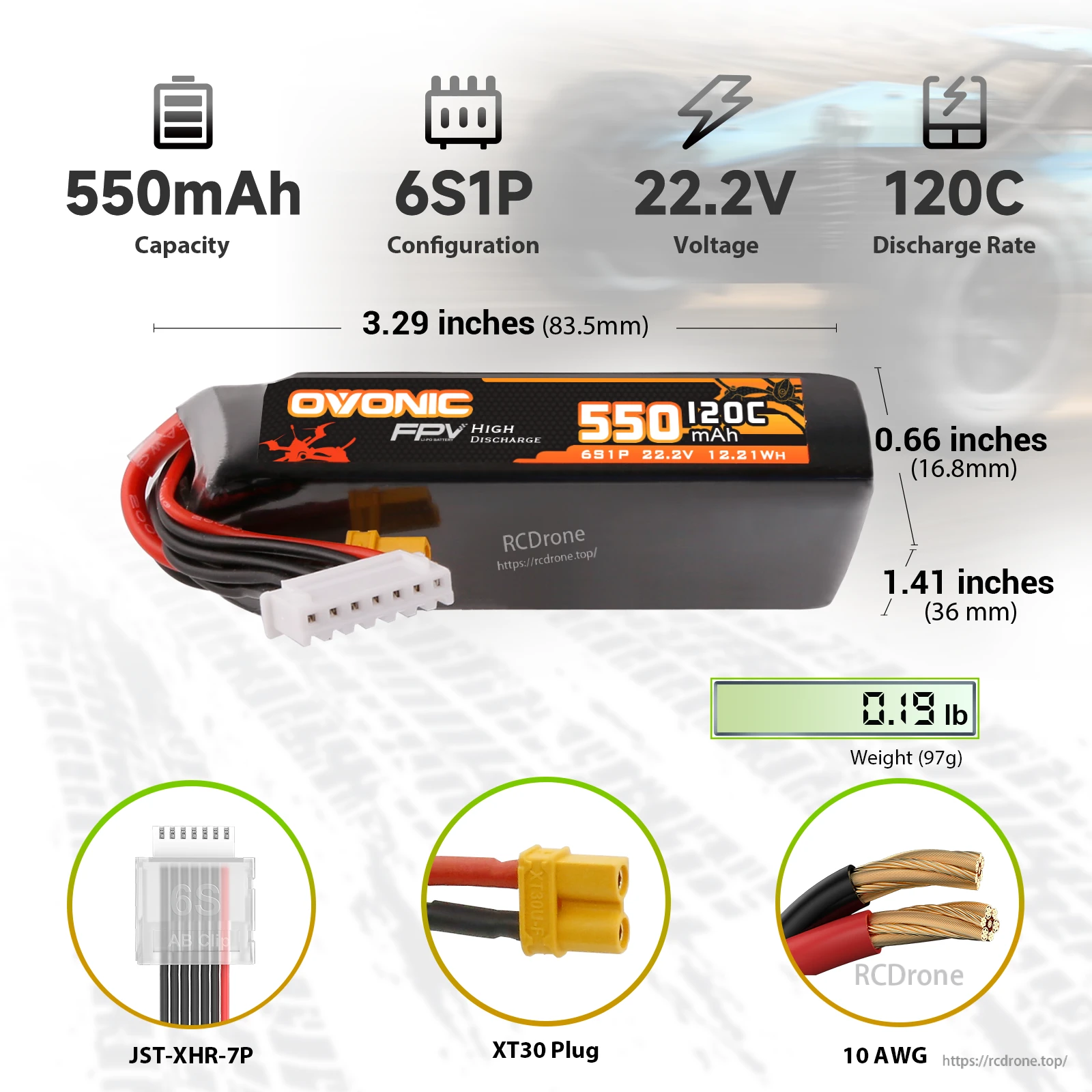 Ovonic 550mAh 6S 22.2V 120C LiPo battery dimensions with XT30 main lead and JST‑XHR‑7P balance plug