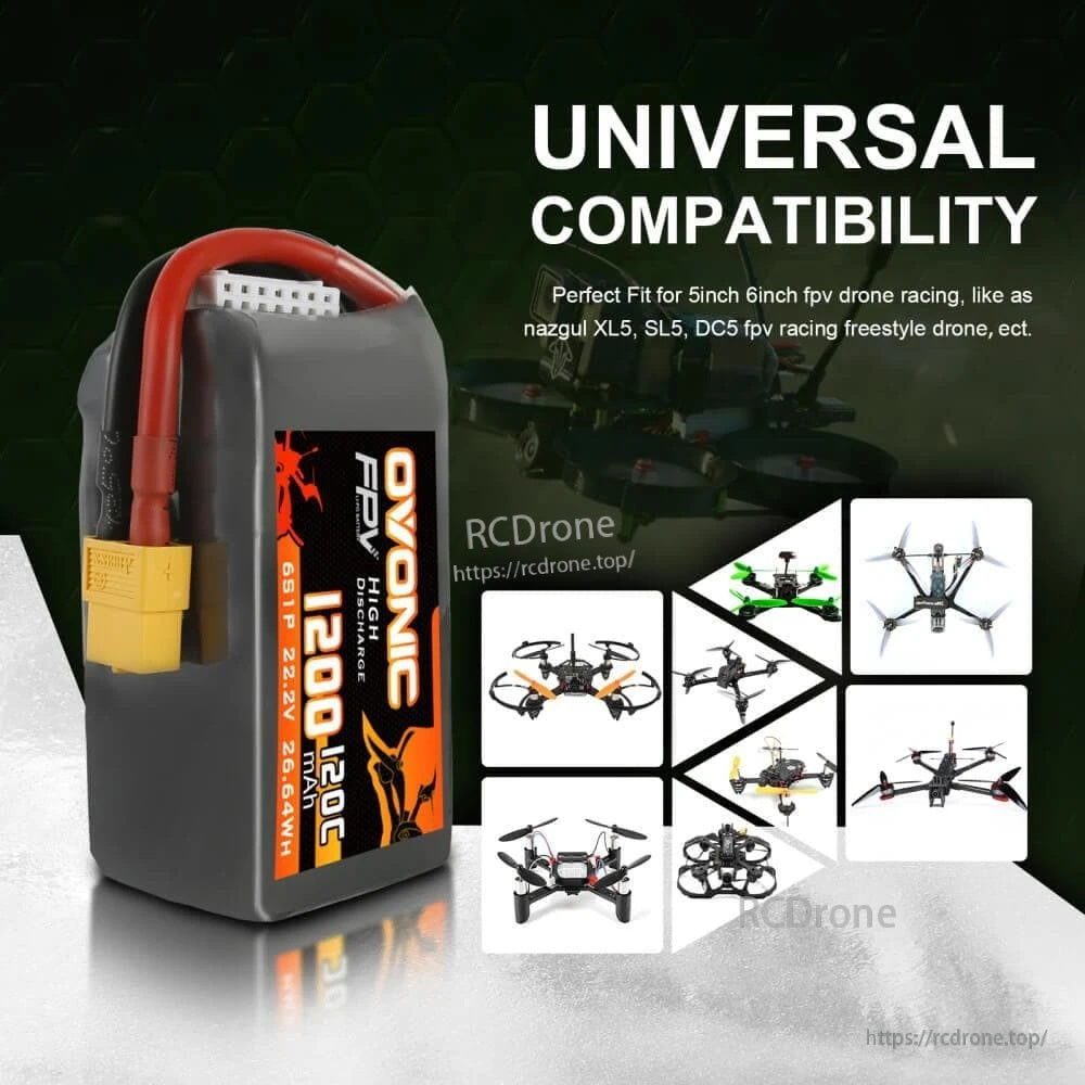Universal compatibility graphic for Ovonic 6S 1200mAh LiPo with examples of 5-inch and 6-inch FPV drones