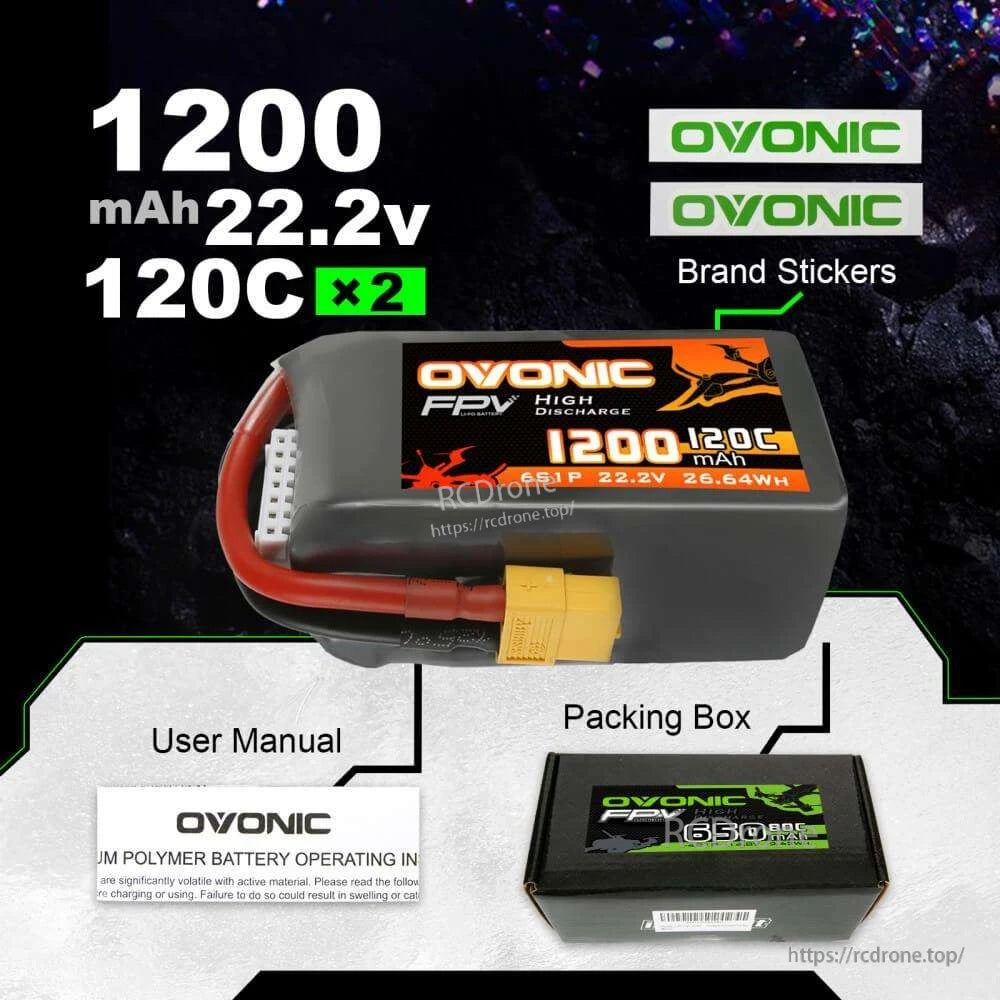 Ovonic 1200mAh 22.2V 120C ×2 package contents graphic with user manual, packing box, and brand stickers
