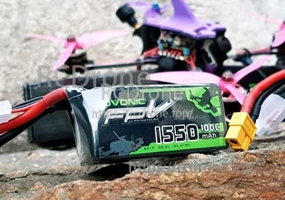 Ovonic FPV 1550mAh 6S 22.2V 100C LiPo battery pack close-up with XT60 plug and balance lead
