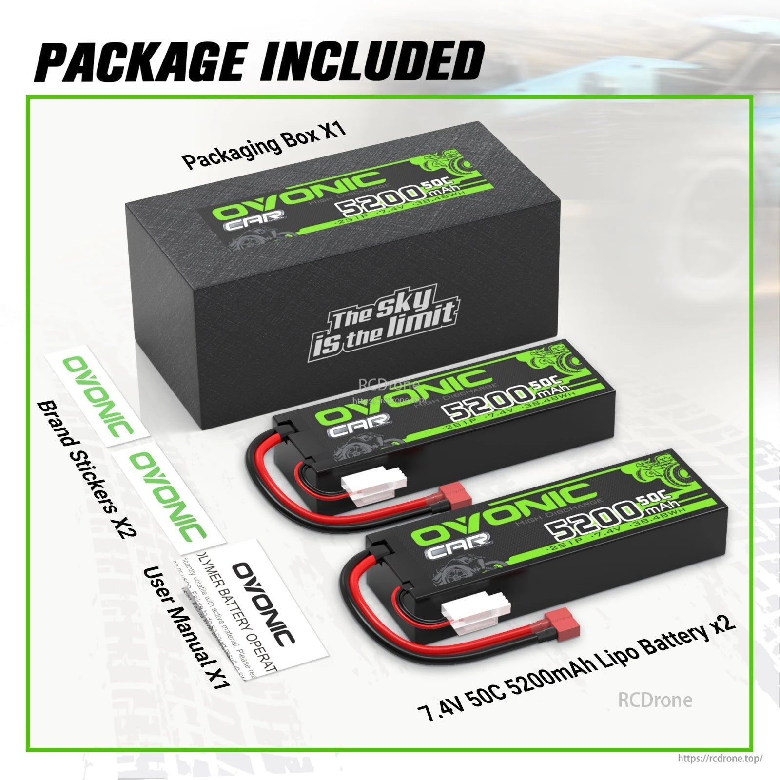 Package contents: two Ovonic 2S 5200mAh 50C 7.4V hardcase LiPo batteries, box, stickers and user manual
