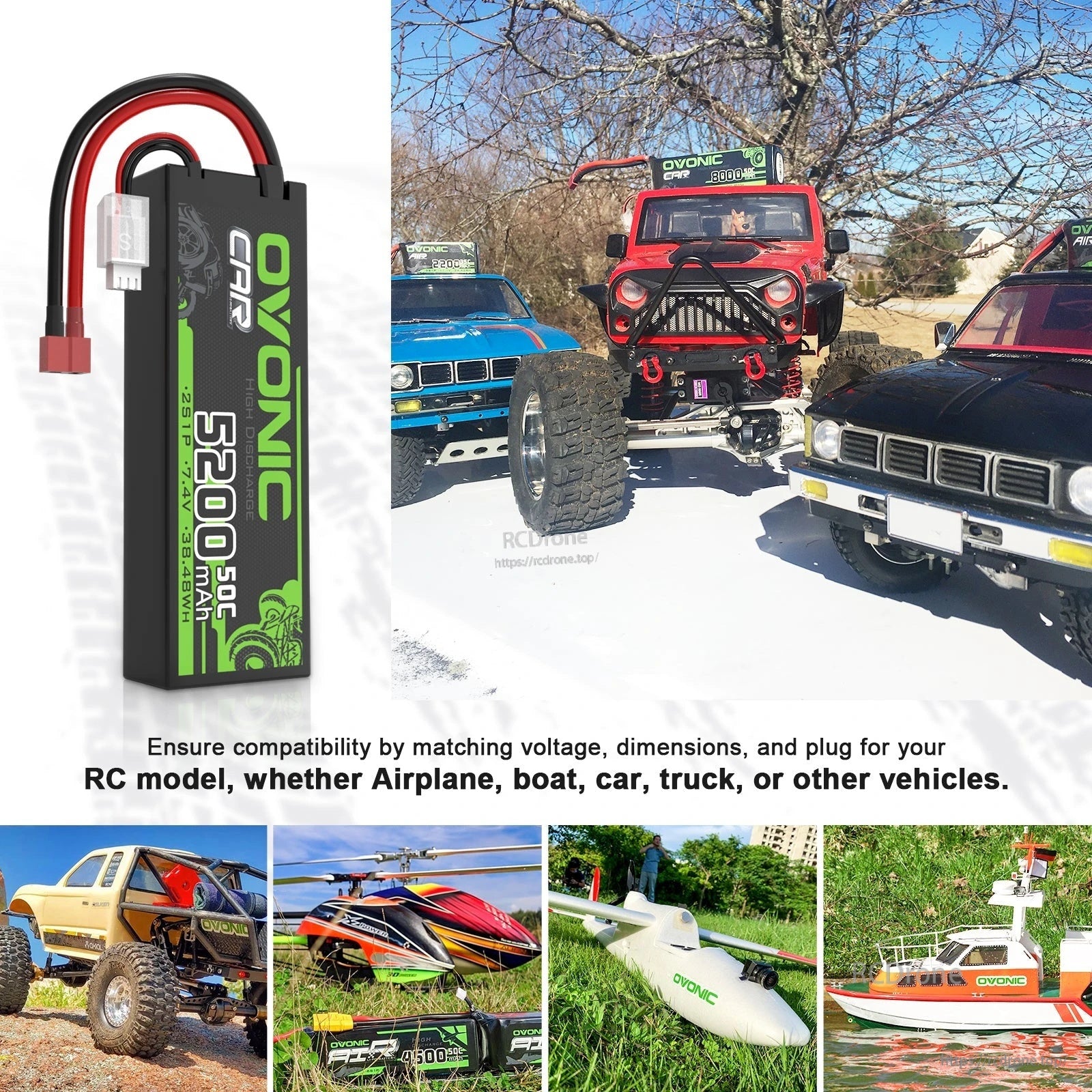 Ovonic 2S hardcase LiPo with Deans T plug shown with RC vehicles for compatibility across car, truck, boat and aircraft