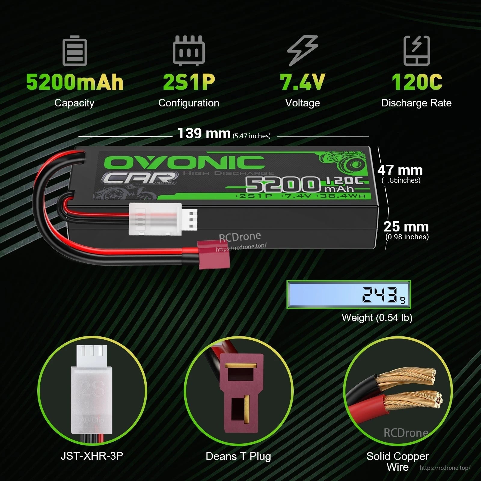 Ovonic 2S 5200mAh 7.4V 120C hardcase RC LiPo battery with Deans T plug and JST-XHR-3P balance lead