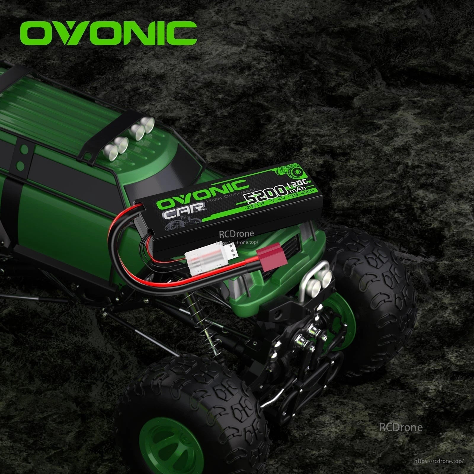 Ovonic 7.4V 5200mAh hardcase LiPo installed in an RC truck battery tray with Deans T connector