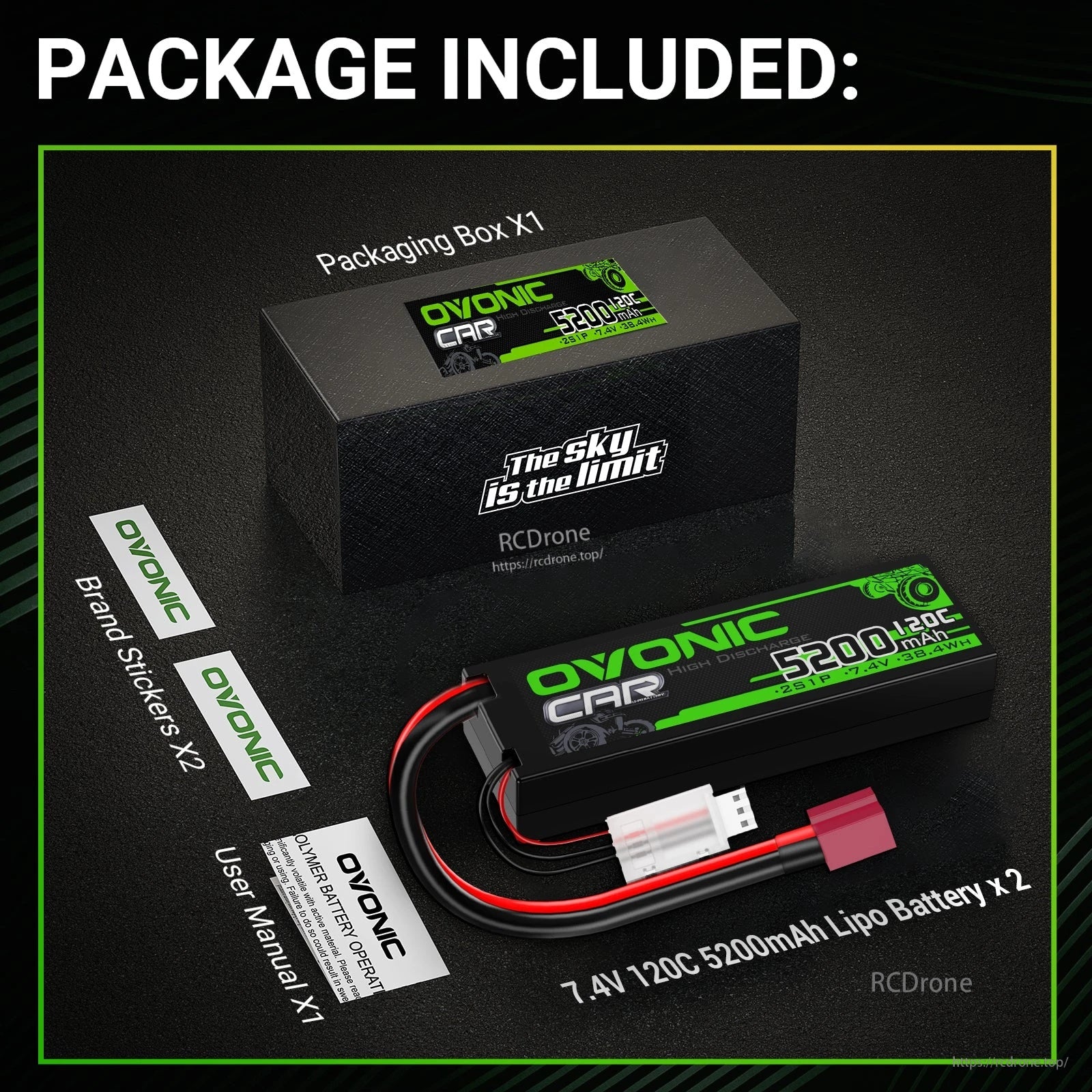Package contents: Ovonic 2S 5200mAh 120C hardcase LiPo battery, retail box, stickers and user manual