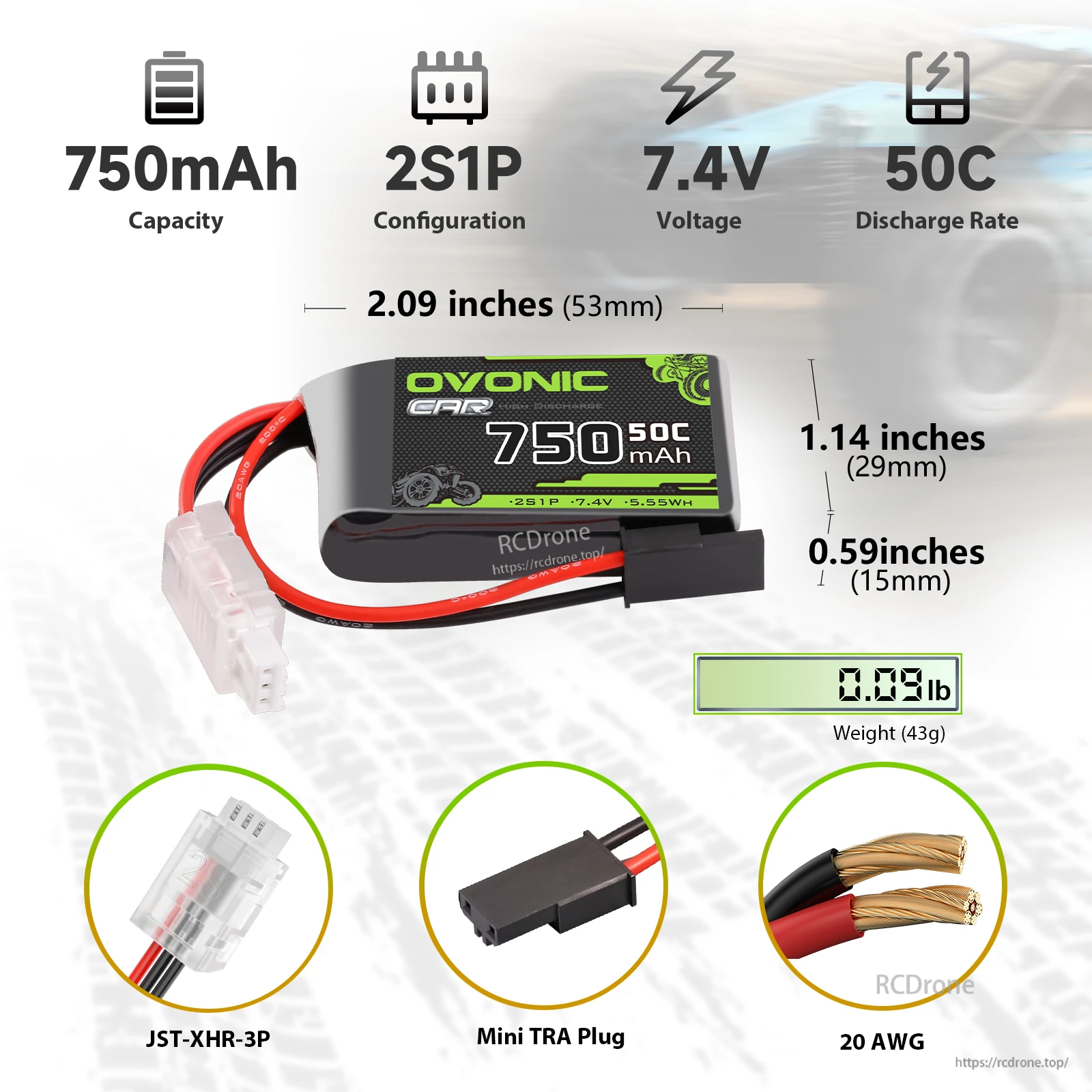 Ovonic 2S 7.4V 750mAh 50C LiPo battery pack with Mini TRA plug, size and connector callouts