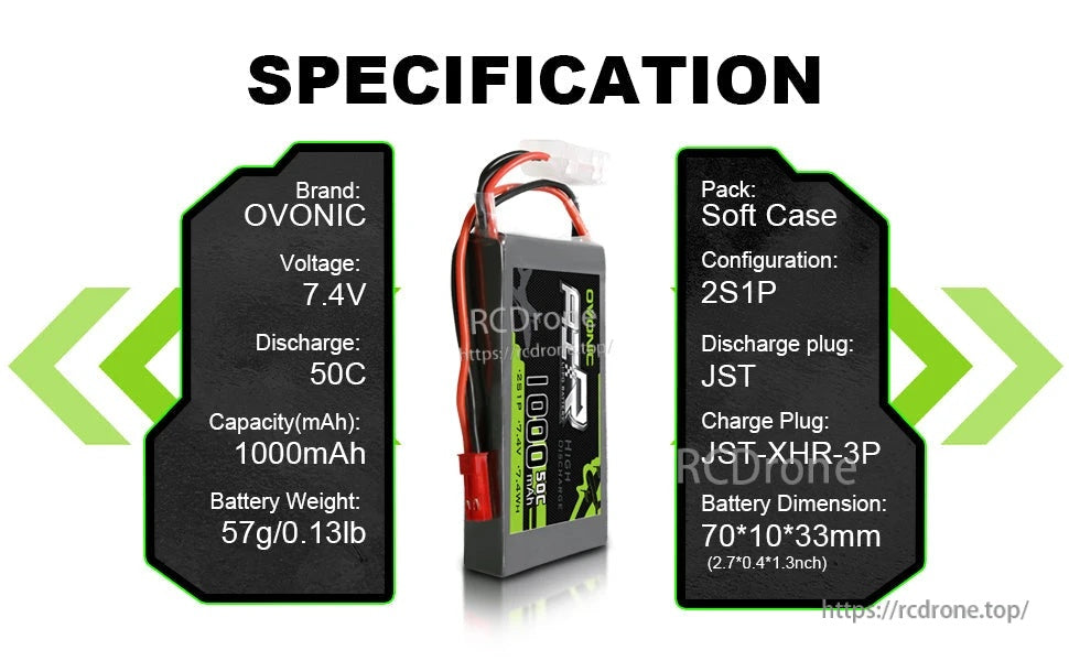Specification graphic listing Ovonic 7.4V 1000mAh 50C 2S1P soft-case LiPo with 57g weight and 70×10×33mm size