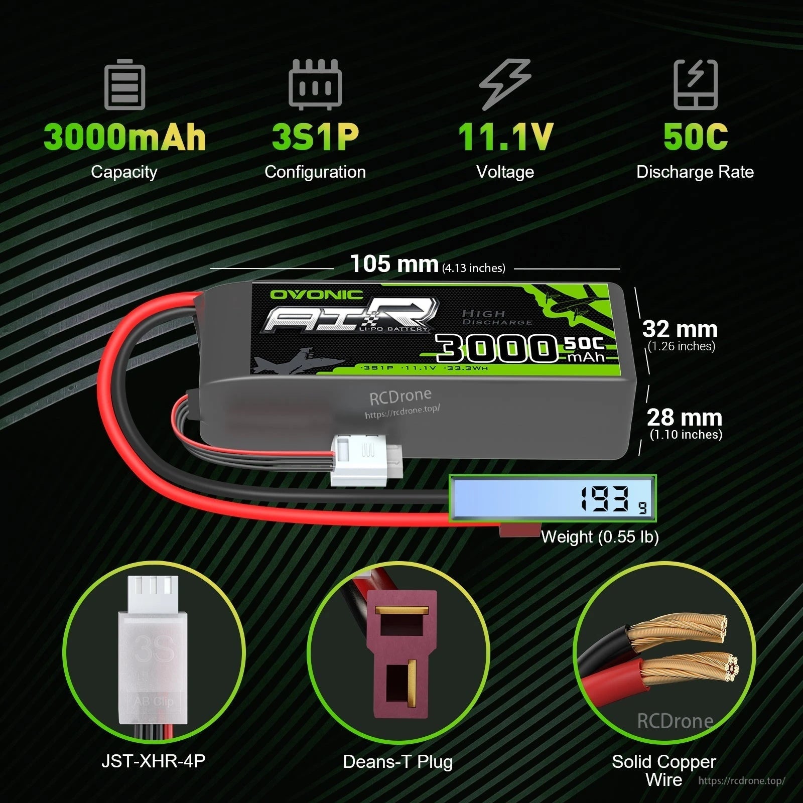 Ovonic 3S 3000mAh 11.1V 50C LiPo dimensions 105×32×28 mm, Deans‑T plug and JST‑XH balance lead