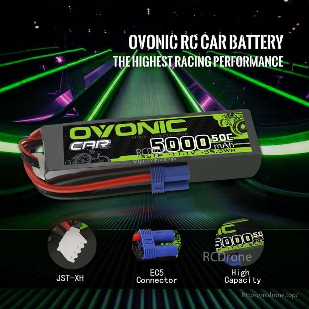 Ovonic RC car LiPo battery highlighting EC5 discharge connector and JST-XH balance plug