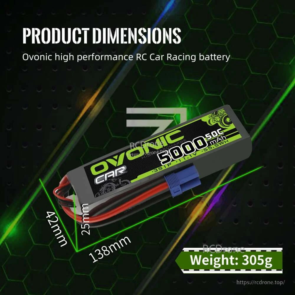 Ovonic 3S 5000mAh LiPo battery dimensions graphic showing 138×42×25mm and 305g weight