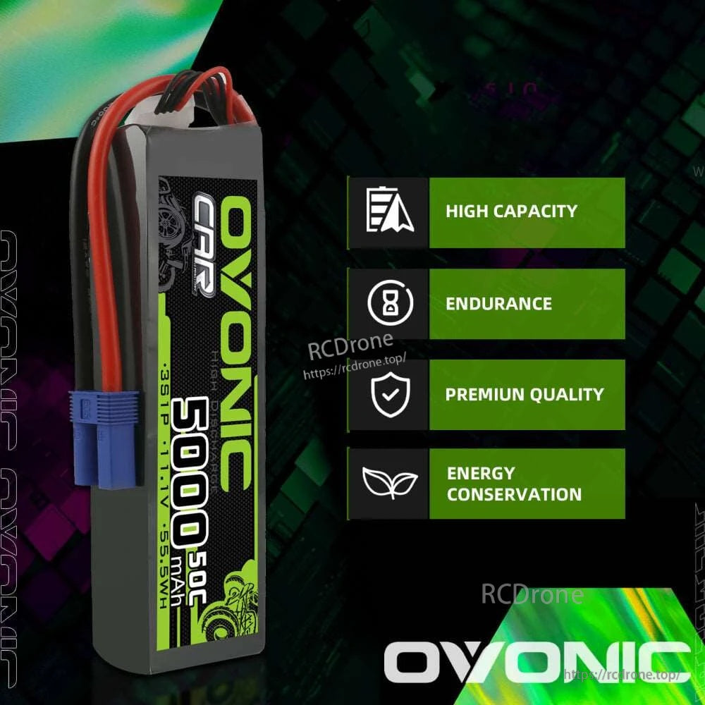 Side view of Ovonic RC car LiPo battery pack with EC5 connector and attached wires