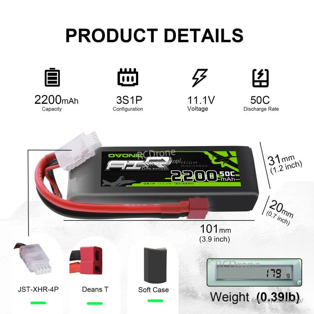 Ovonic 2pcs 3S 2200mAh 11.1V 50C LiPo Battery specs: 3S1P, Deans T, JST-XH, 101×31×20mm